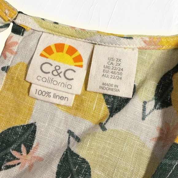 NWT C&C California 100% Linen Summer Lemon & Leaf Printed Shift Dress Size 2X - Picture 3 of 15